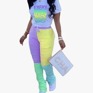 Purple and Yellow Color-Block Jogger Track Pants And Matching Shirt Combo